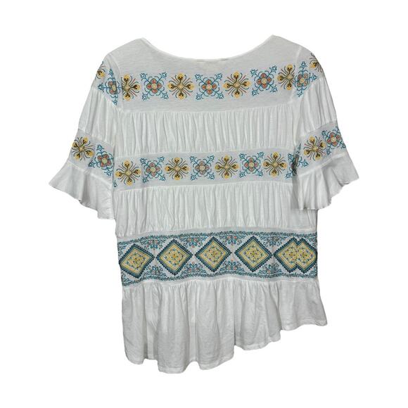 Sundance Cassandra Tiered Embroidered Tee Small White Blue Cross Stitched Boho - Picture 3 of 6